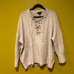 Gray Lace Up Sweater